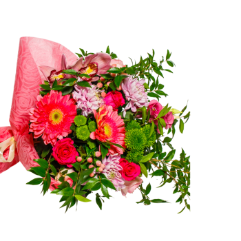 Ρομαντικό Μπουκέτο με  Ροζ  Τριαντάφυλλα , Ζέρμπερες, Λευκά  Χρυσάνθεμα, Ορχιδέα και Πρασινάδες